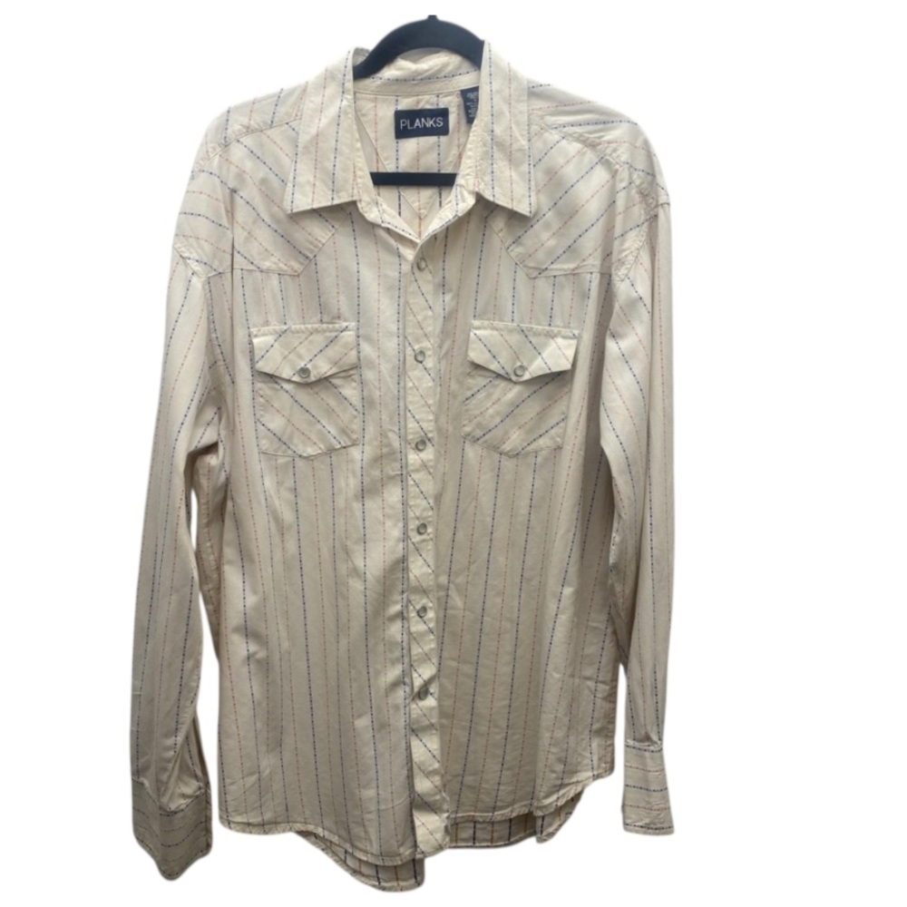 Planks‎ Shirt Mens XL Striped Western Pearl Snap Long Sleeve Vintage Look